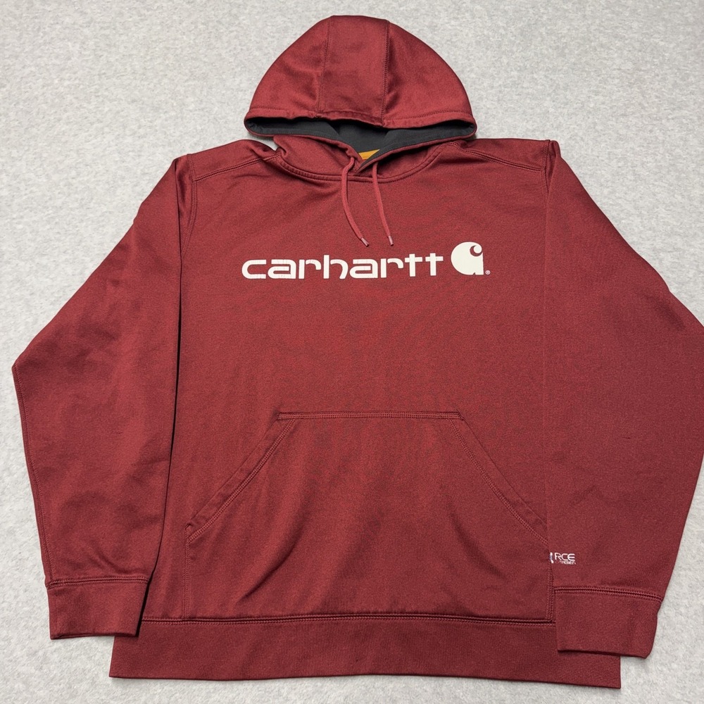 Carhartt Hoodie Mens Large Red Force Extremes Fleece Pullover Logo Relaxed Fit